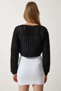 Happiness İstanbul Women Black Cellular Knitwear Bolero Cardigan - Image 5
