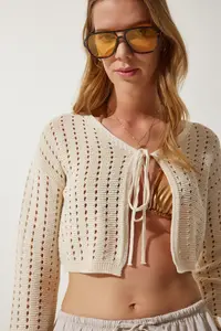 Happiness İstanbul Women Cream Cellular Knitwear Bolero Cardigan - Image 2