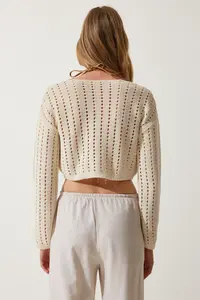 Happiness İstanbul Women Cream Cellular Knitwear Bolero Cardigan - Image 5