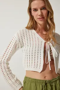 Happiness İstanbul Women Ecru Cellular Knitwear Bolero Cardigan