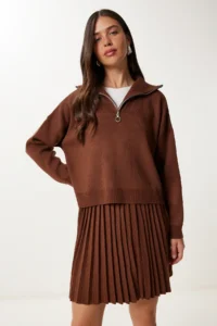 Happiness İstanbul Women Brown Knitwear Sweater Skirt Set - Image 2