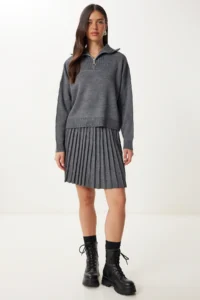 Happiness İstanbul Women Gray Knitwear Sweater Skirt Set