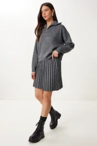 Happiness İstanbul Women Gray Knitwear Sweater Skirt Set - Image 2