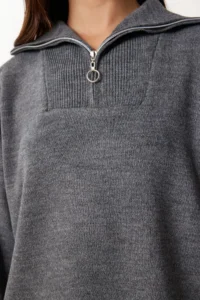 Happiness İstanbul Women Gray Knitwear Sweater Skirt Set - Image 4