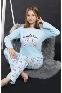 Pyjama Familya Teen Girl Long Sleeve Panda Figured Seasonal Pajamas
