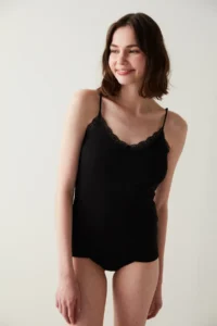 Penti Black Thin Sleeveless Lace Detailed Tank Top