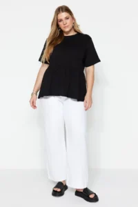 Trendyol Curve Black Crew Neck Wide Pattern 100% Cotton Knitting T-Shirt - Image 3