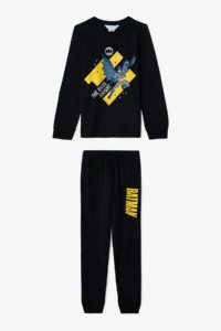 Penti Black Boy's Batman Cartoon Patterned Cotton Long Sleeve Pajama Set