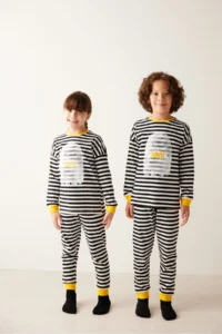 Penti Black and White Striped Unisex Kids Ghost Printed Pajama Set - Image 2