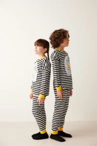 Penti Black and White Striped Unisex Kids Ghost Printed Pajama Set - Image 4