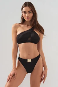 Pierre Cardin Black Tulle Low-cut One-Shoulder Plain Bikini Set with Gold Belt Detail and Stylish Asymmetric Pads