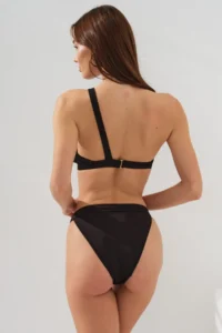 Pierre Cardin Black Tulle Low-cut One-Shoulder Plain Bikini Set with Gold Belt Detail and Stylish Asymmetric Pads - Image 2