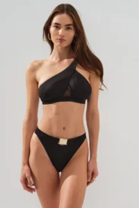 Pierre Cardin Black Tulle Low-cut One-Shoulder Plain Bikini Set with Gold Belt Detail and Stylish Asymmetric Pads - Image 3