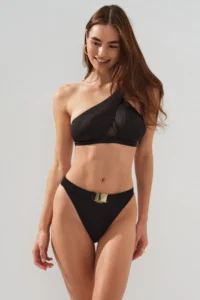 Pierre Cardin Black Tulle Low-cut One-Shoulder Plain Bikini Set with Gold Belt Detail and Stylish Asymmetric Pads - Image 4