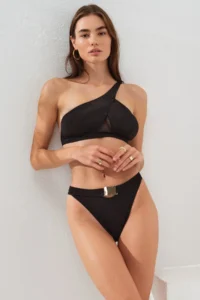 Pierre Cardin Black Tulle Low-cut One-Shoulder Plain Bikini Set with Gold Belt Detail and Stylish Asymmetric Pads - Image 5