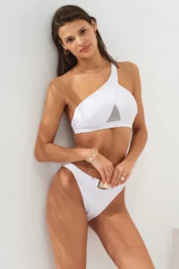 Pierre Cardin White Low-cut Tulle Detailed Cross One-Shoulder Bikini Set Gold Accessories Stylish Padded High Waist - Image 3