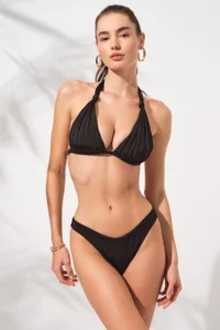 Pierre Cardin Black Dudi Drape Knot Detailed Triangle Bikini Set Padded Covered Halter Neck Padded Stylish - Image 3