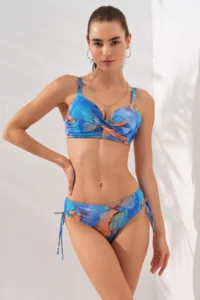 Pierre Cardin Mavi Batik Patterned Underwire Adjustable Strap Waist Detailed Bikini Set Tie-up Gatherer - Image 4