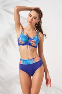 Pierre Cardin Mavi Batik Patterned Gathering Detailed Adjustable Strap Bikini Set with Underwire Pads
