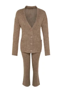 TRENDYOLMİLLA Mink Wide Pattern Soft textured Knitwear Top and Bottom Set - Image 6