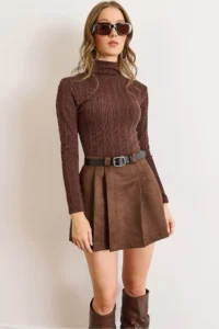 Olalook Women's Brown Belted Pleated Suede Mini Skirt with Shorts