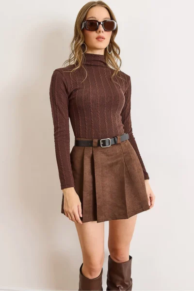 Olalook Women's Brown Belted Pleated Suede Mini Skirt with Shorts