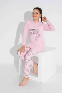 Tarık Girl's Cotton Half-Buttoned Pink Cat Patterned Long Sleeve Pajama Set