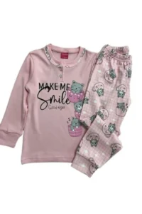 Tarık Girl's Cotton Half-Buttoned Pink Cat Patterned Long Sleeve Pajama Set - Image 2