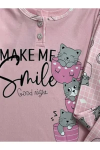 Tarık Girl's Cotton Half-Buttoned Pink Cat Patterned Long Sleeve Pajama Set - Image 3