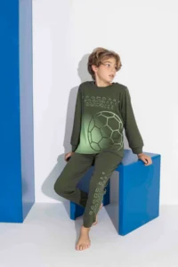 Tarık Boy's 100% Cotton Interlock Khaki Top Printed Crew Neck Long Sleeve Pajama Set - Image 2