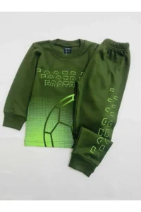 Tarık Boy's 100% Cotton Interlock Khaki Top Printed Crew Neck Long Sleeve Pajama Set - Image 3