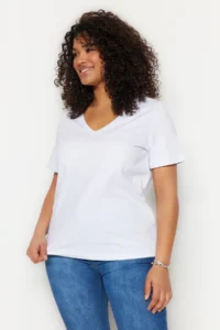 Trendyol Curve White V-neck Basic 100% Cotton Knitting T-Shirt
