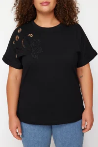 Trendyol Curve Black embroidery Detailed Basic 100% Cotton Knitting T-Shirt - Image 2