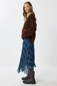 Lovelyİstanbul Patterned Wrinkle Effect Midi Chiffon Skirt  DARK BLUE