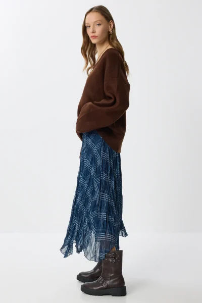 Lovelyİstanbul Patterned Wrinkle Effect Midi Chiffon Skirt  DARK BLUE