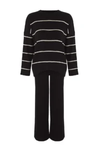 TRENDYOLMİLLA Black*001 Wide Pattern Striped Basic Fitted Knitwear Top and Bottom Set - Image 5