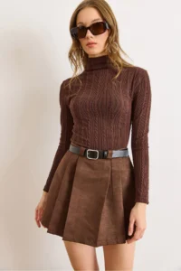 Olalook Women's Brown Belted Pleated Suede Mini Skirt with Shorts - Image 2
