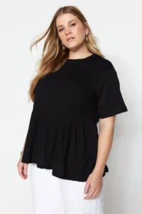 Trendyol Curve Black Crew Neck Wide Pattern 100% Cotton Knitting T-Shirt