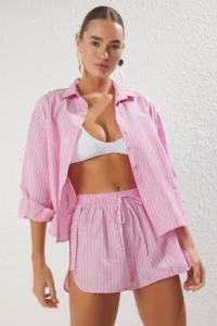 TRENDYOLMİLLA Mavi Striped Weaving Beach Shirt Shorts Set
