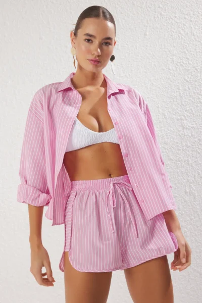 TRENDYOLMİLLA Mavi Striped Weaving Beach Shirt Shorts Set