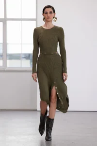 TRENDYOLMİLLA Khaki Mercerized Look Midi Knitwear Snap Button Detailed LONG Dress - Image 5
