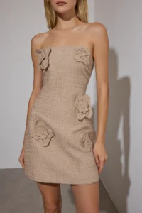 TRENDYOLMİLLA Mink Plain Applique Floral Detailed Weaving Tweed Short Mini Dress - Image 3
