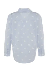 TRENDYOLMİLLA Mavi Striped flower patterned Cotton Oversized Wide Pattern Weaving Shirt - Image 13