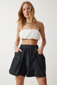 Happiness İstanbul Women Black Arched City Size Weaving Shorts