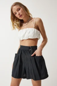 Happiness İstanbul Women Black Arched City Size Weaving Shorts - Image 2