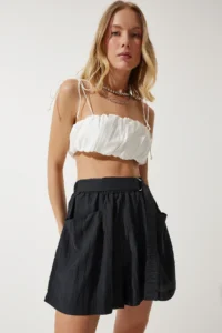 Happiness İstanbul Women Black Arched City Size Weaving Shorts - Image 3