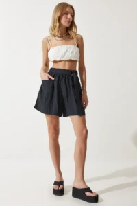 Happiness İstanbul Women Black Arched City Size Weaving Shorts - Image 4