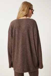 Happiness İstanbul Women's Brown Comfortable Corduroy Knitted Blouse and Trousers Set - Image 11