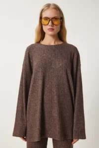 Happiness İstanbul Women's Brown Comfortable Corduroy Knitted Blouse and Trousers Set - Image 6