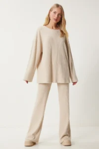 Happiness İstanbul Women's Cream Comfortable Corduroy Knitted Blouse Trousers Set - Image 2